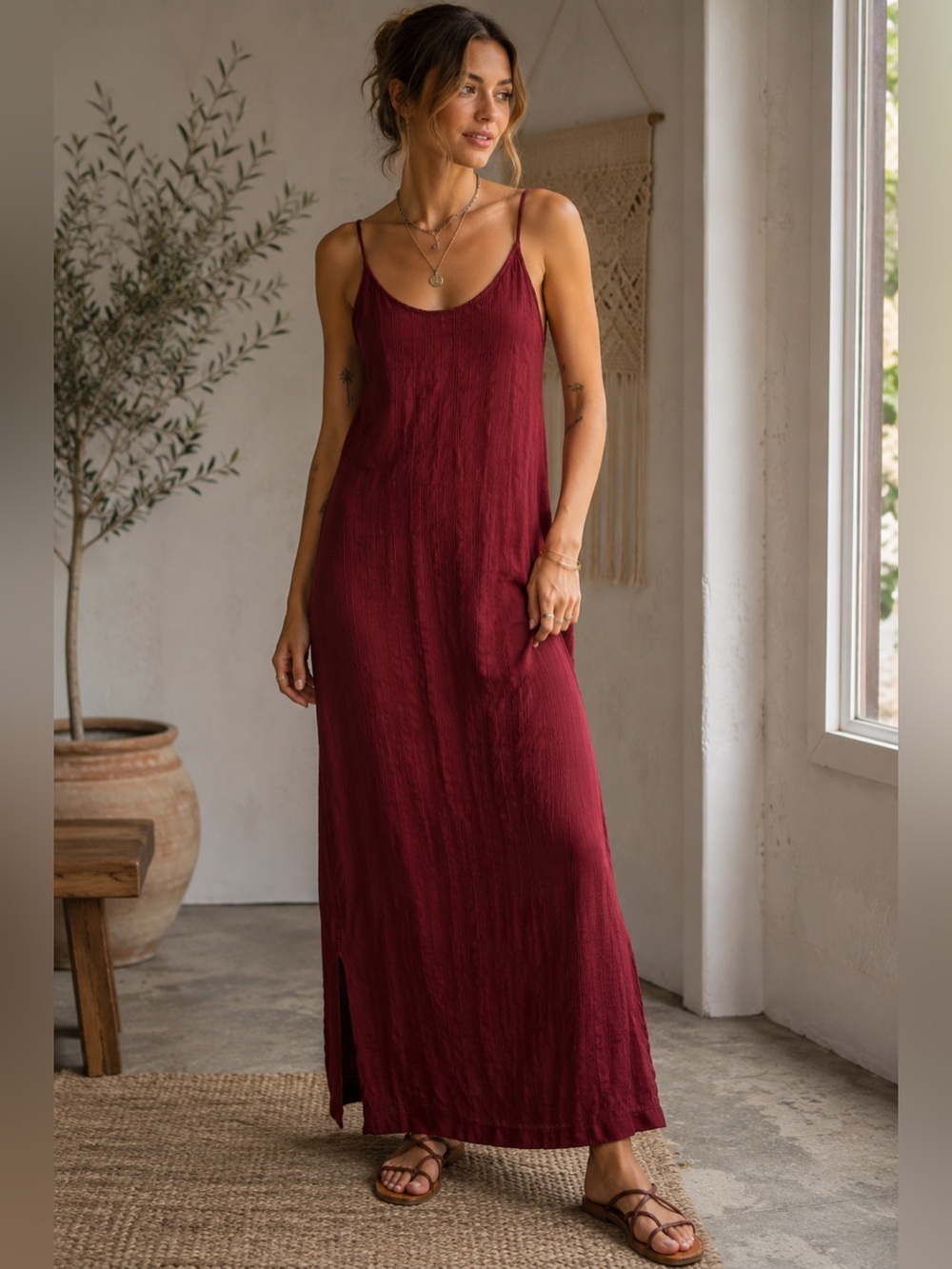 One Way Two Burgundy Slip Maxi Dress Spaghetti Strap Size S Vintage Y2K Boho